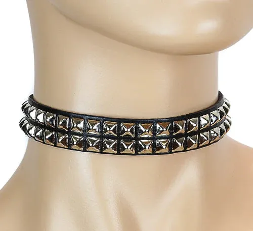 Black Leather Choker w/ 2 Rows of Small Silver Pyramid Studs