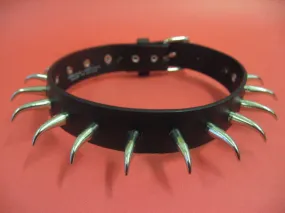 Black Leather Collar w/ 15 Silver Bent Spikes Details