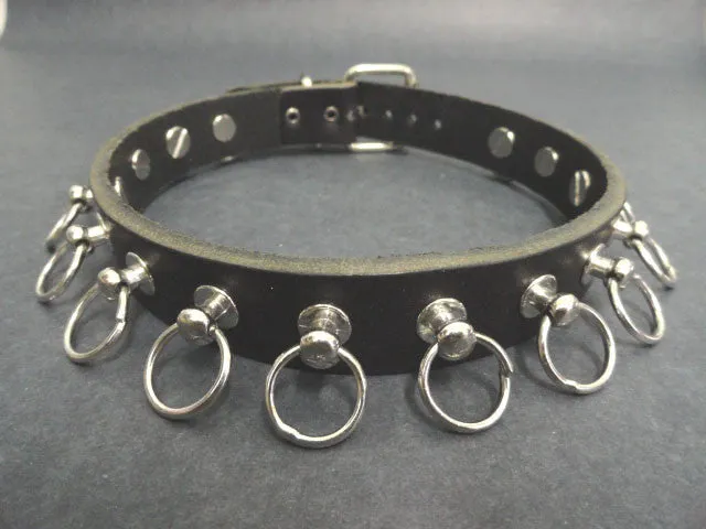 Black Leather Collar w/ 15 Silver Hoop Stud Details