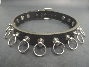 Black Leather Collar w/ 15 Silver Hoop Stud Details