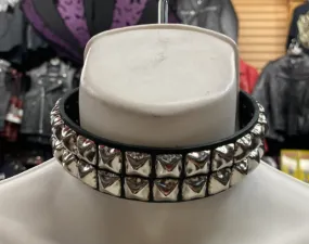 Black Leather Collar w/ 2 Rows of Silver Pyramid Studs