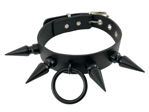 Black Leather Collar w/ Black O Ring and 2" Spikes