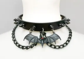 Black Leather Collar w/ Black Spike, Chains and Bat Detail