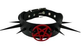 Black Leather Collar w/ Black U Ring, Black Spikes and Red Pentagram