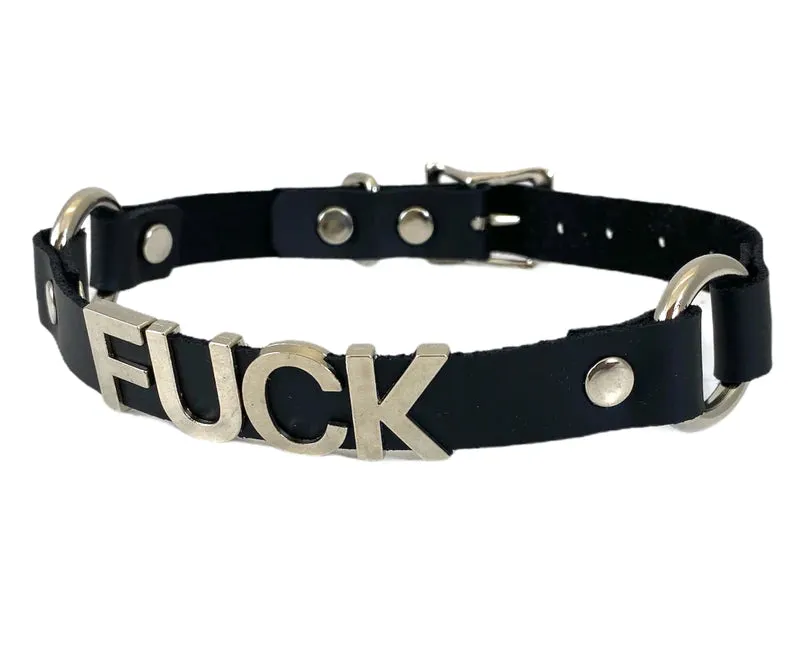 Black Leather Collar w/ Fuck Text and O Rings