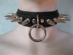 Black Leather Collar w/ Long Silver Spikes and Hanging Ring