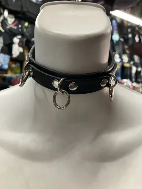 Black Leather Collar w/ Multiple Small Silver Hanging O Rings