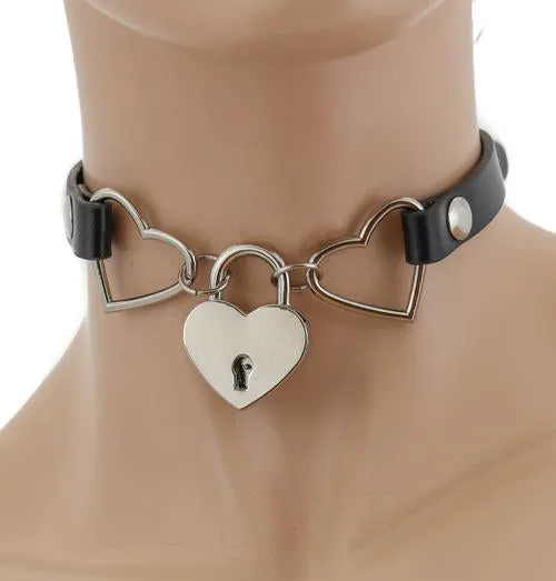 Black Leather Collar w/ Silver Hearts and Heart Locket Detail