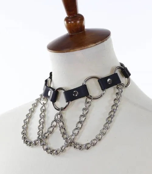 Black Leather Collar w/ Silver O Ring and Hanging Chain Details