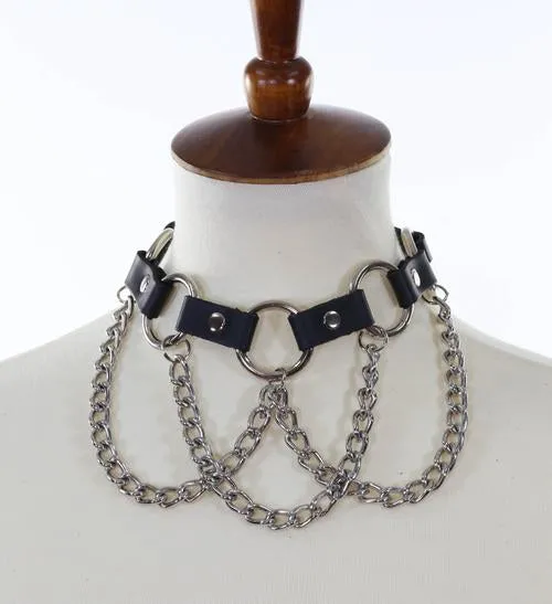 Black Leather Collar w/ Silver O Ring and Hanging Chain Details