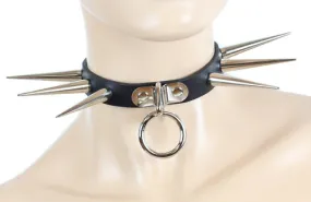 Black Leather Collar w/ Silver O Ring and Long Needle Spike Details