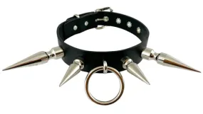 Black Leather Collar w/ Silver O Ring and Multi-Sized Spike Details