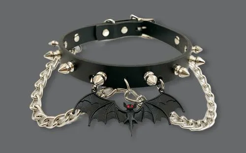 Black Leather Collar w/ Silver Spike Chains and Bat Detail