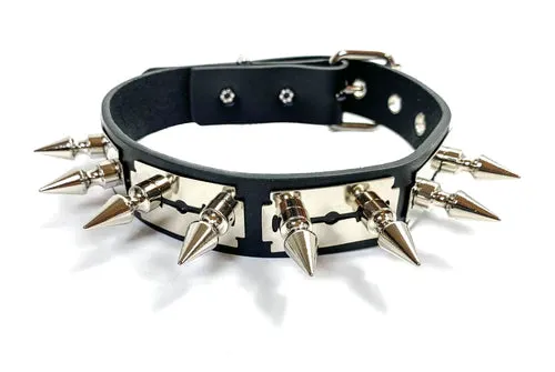 Black Leather Collar w/ Silver Spikes and Silver Razor Blade Charms