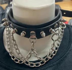 Black Leather Collar w/ Silver Tree Spikes and Layered Chain