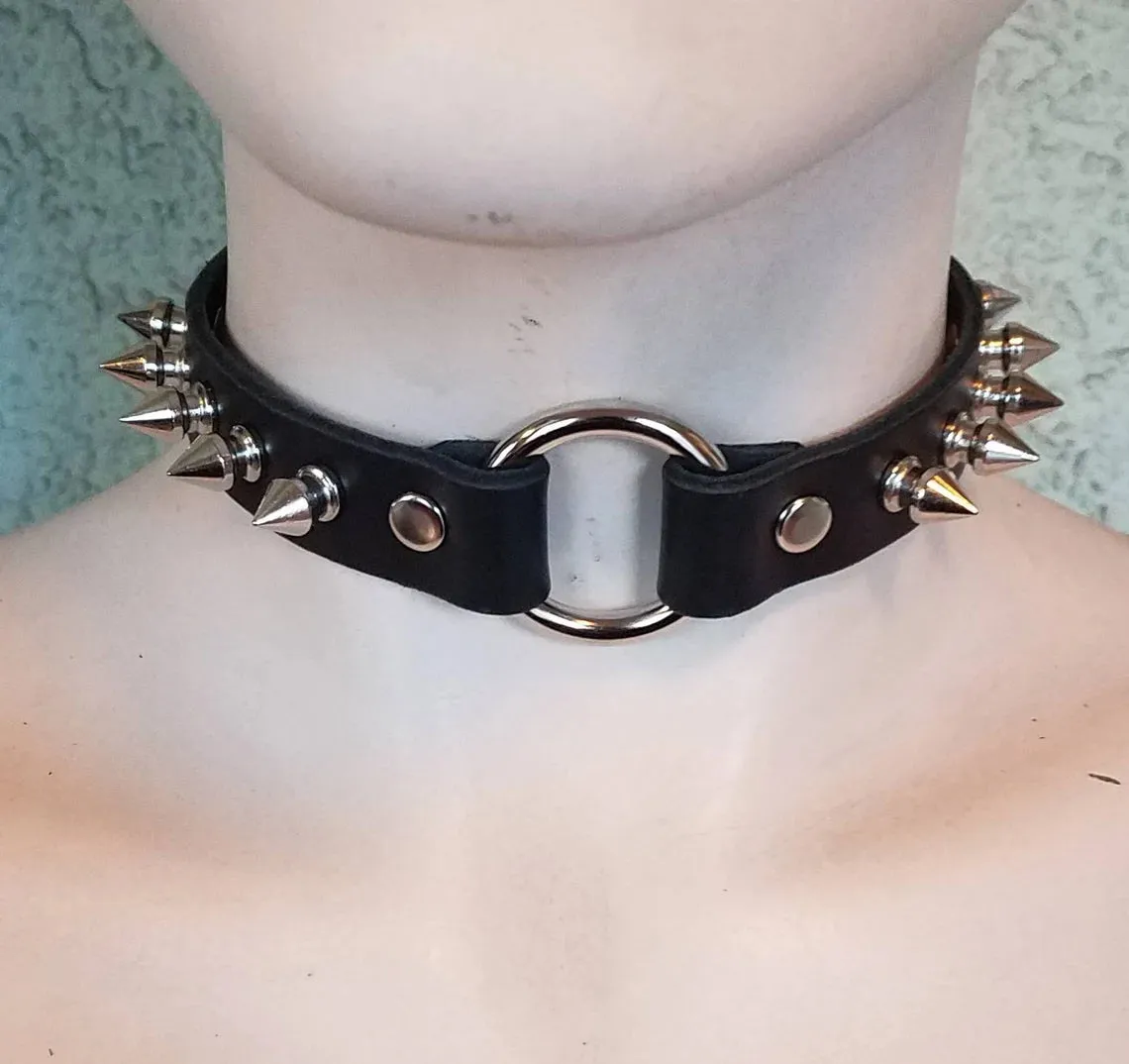 Black Leather Collar w/ Single Silver O Ring and Silver Tree Spikes