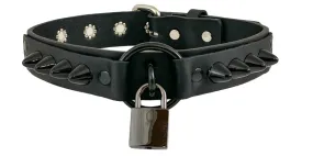 Black Leather Collar w/ U Ring, Black Lock and UK77 Spikes