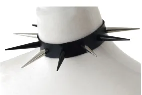 Black Vegan Leather Collar w/ Black/Silver Long Spikes