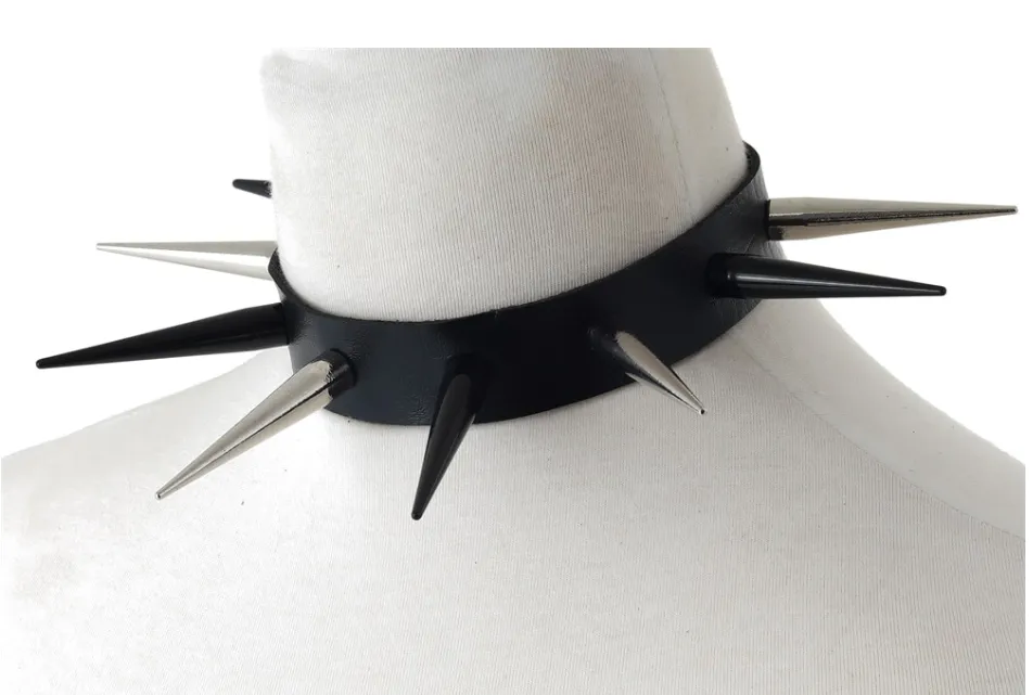 Black Vegan Leather Collar w/ Black/Silver Long Spikes