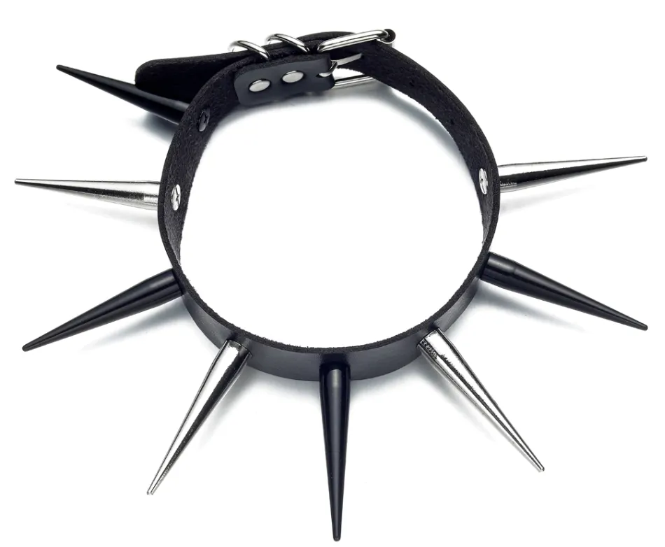 Black Vegan Leather Collar w/ Black/Silver Long Spikes