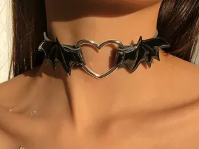 Black Vegan Leather Collar w/ Shiny Patent Leather Bat Wing and Silver Heart Detail