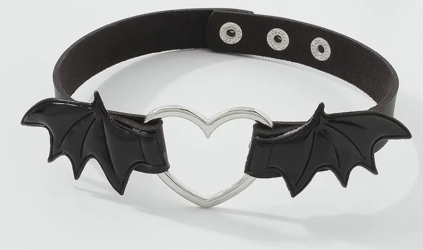 Black Vegan Leather Collar w/ Shiny Patent Leather Bat Wing and Silver Heart Detail