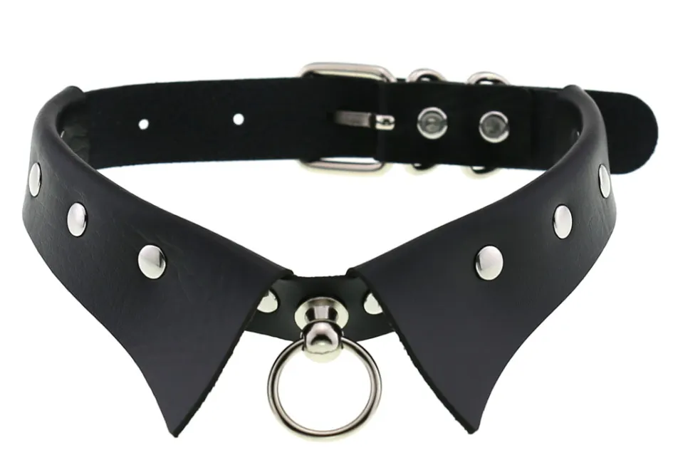 Black Vegan Leather Shirt Collar W/ O Ring and Stud Details