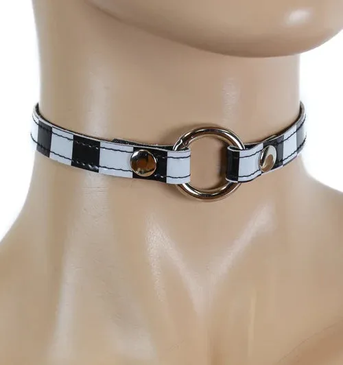 Black/White Checkered Collar w/ Silver O Ring Detail