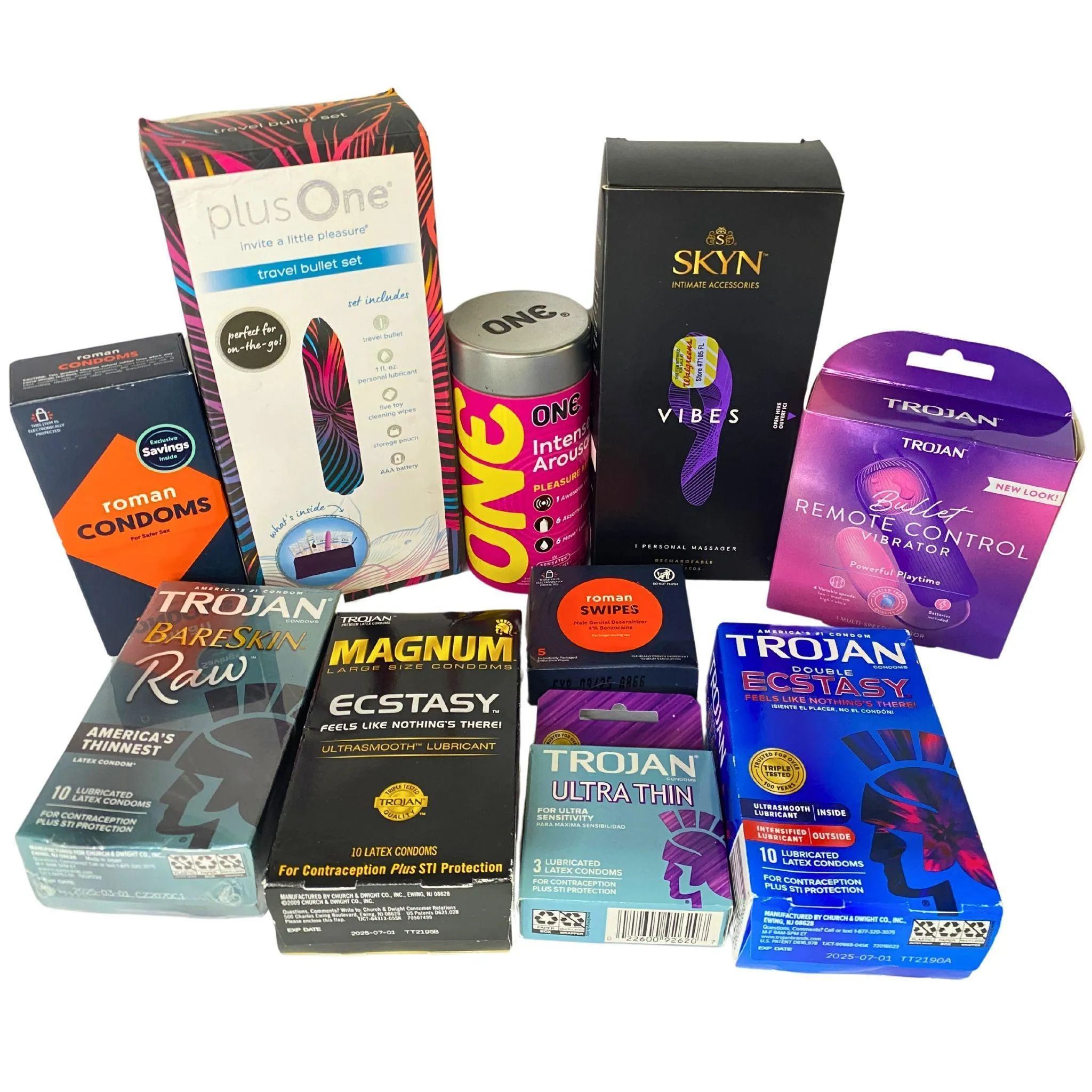 Intimate Mix includes Condoms , Toys , Endurance Wipes brands like Roman , Magnum , Plus One , Trojan (84 Pcs Lot)