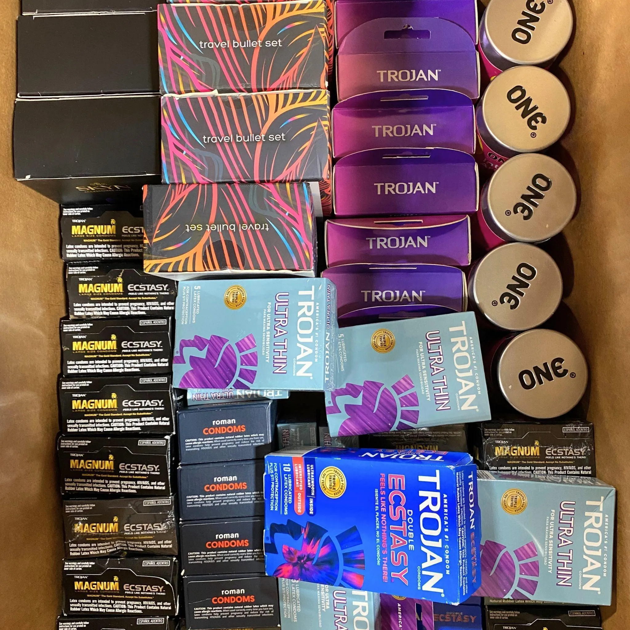 Intimate Mix includes Condoms , Toys , Endurance Wipes brands like Roman , Magnum , Plus One , Trojan (84 Pcs Lot)