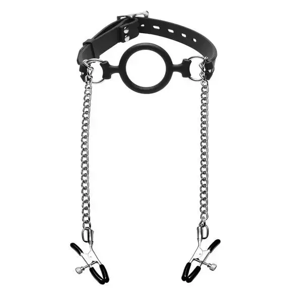 Master Series Silicone Black o Ring Gag Plus Nipple Clamps