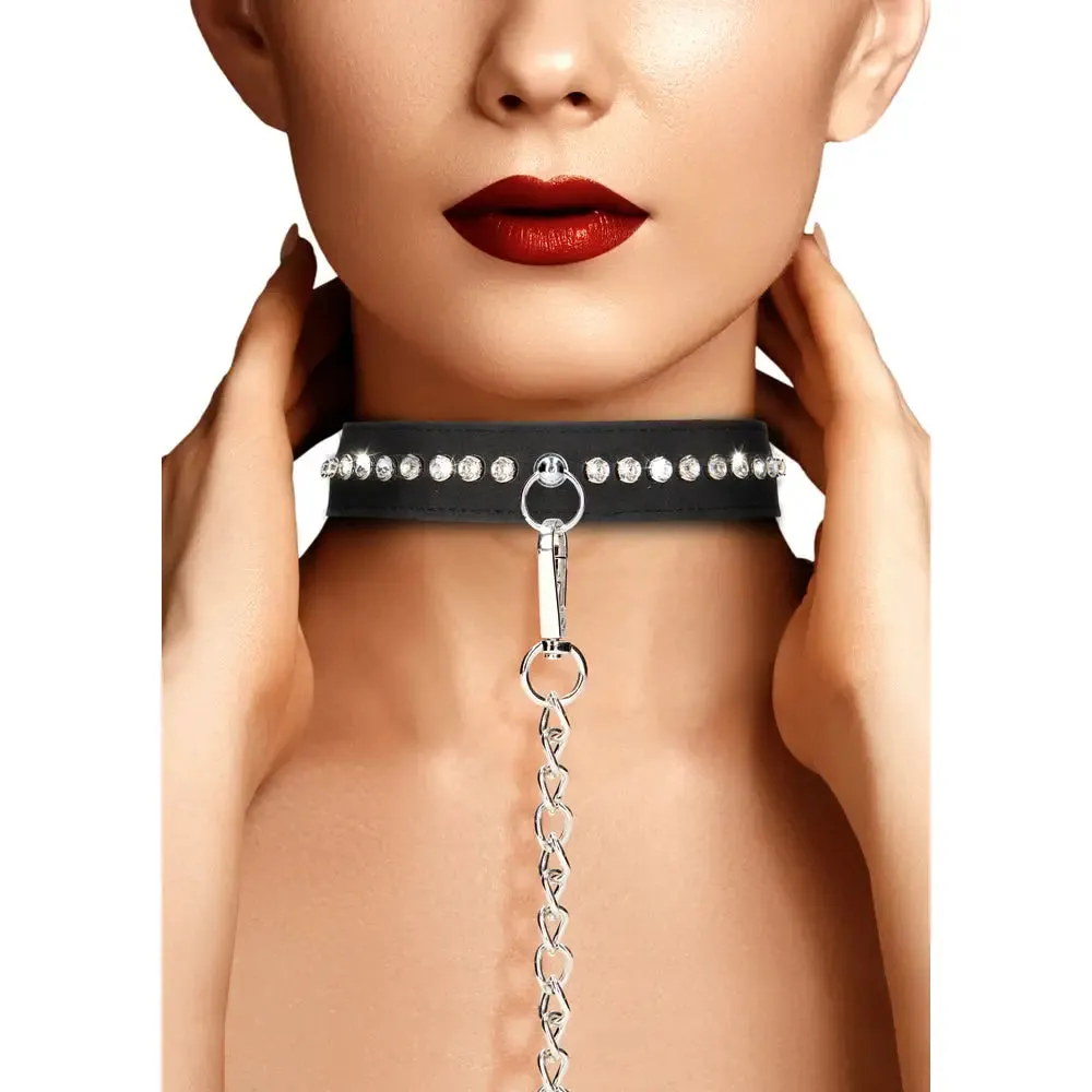 Ouch Faux Leather Diamond Studded Bondage Collar with Leash