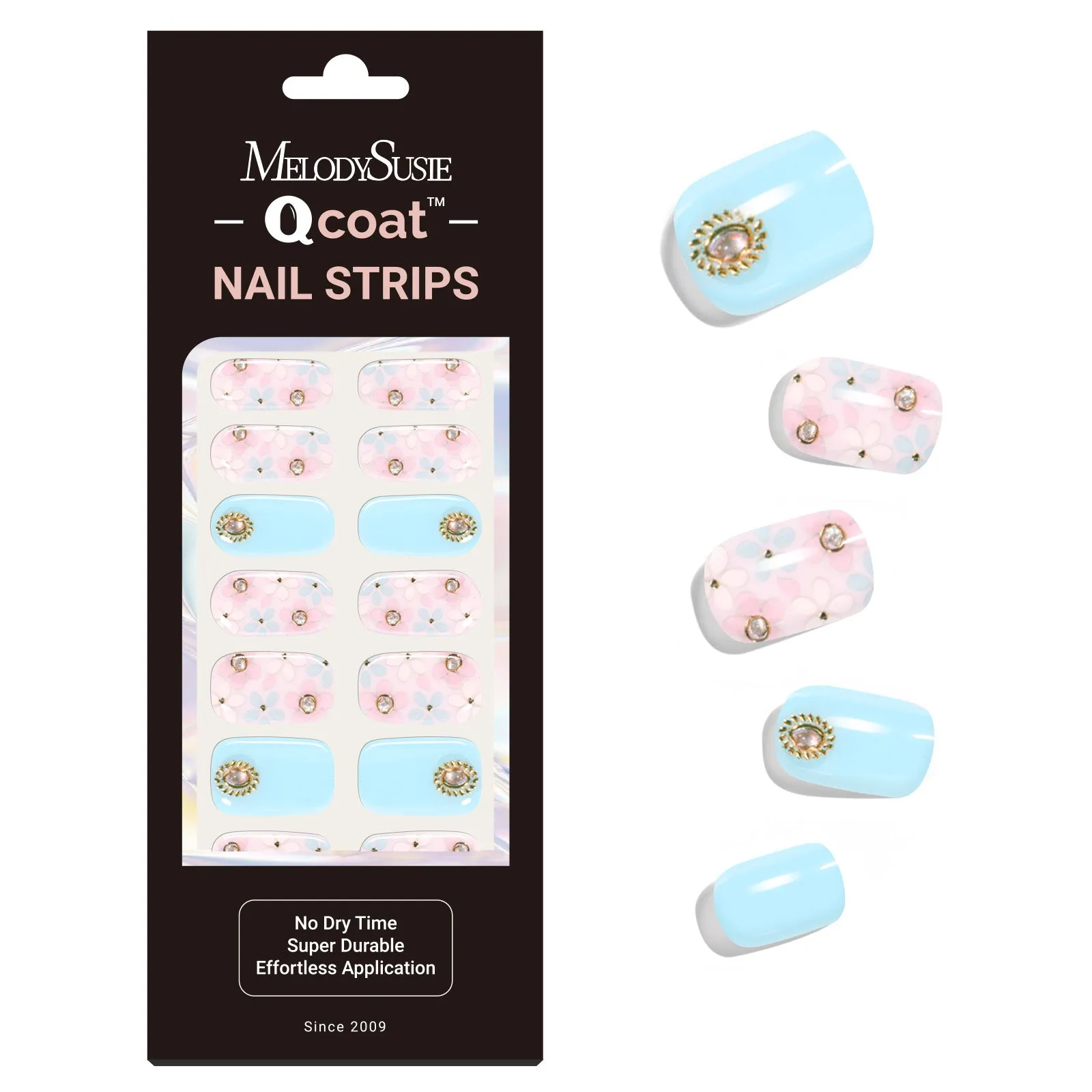 Qcoat Fully Cured Gel Nail Strips - Light Blue Crystal Flowers(US ONLY)