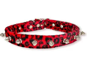 Red Fuzzy Leopard Fabric Collar w/ Silver Spikes