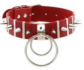 Red Vegan Leather Collar w/ Spike and O Ring Detail