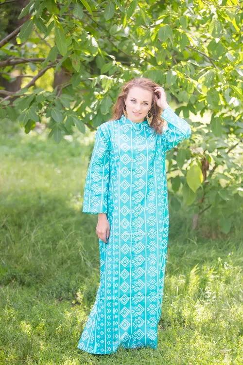 Teal Charming Collars Style Caftan in Tribal Aztec Pattern